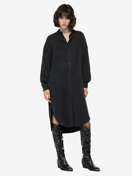 Replay Schwarzes Damen Hemdkleid mit Leinen Replay