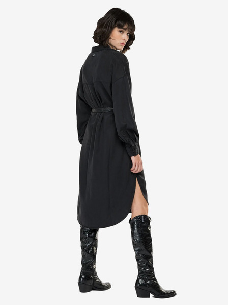 Replay Schwarzes Damen Hemdkleid mit Leinen Replay
