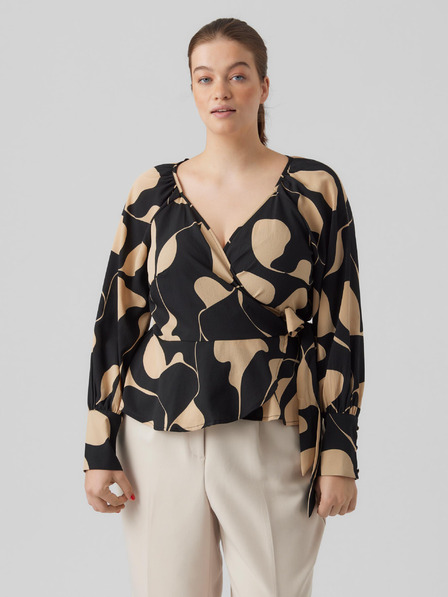 Vero Moda Curve Beige und schwarz gemusterte Damenbluse mit Krawatte VERO MODA CURVE Lydia
