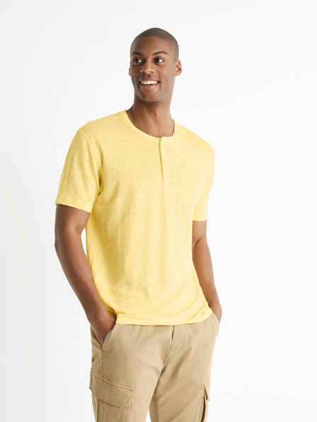Celio Gelbes Leinenhemd mit kurzen Ärmeln Celio