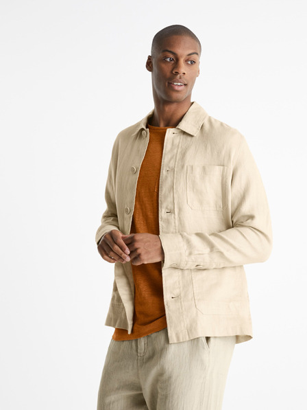 Celio Beigefarbenes Leinenüberhemd Celio Baston
