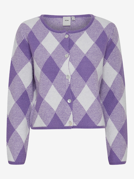 ICHI Weiß und lila karierte Strickjacke für Damen ICHI