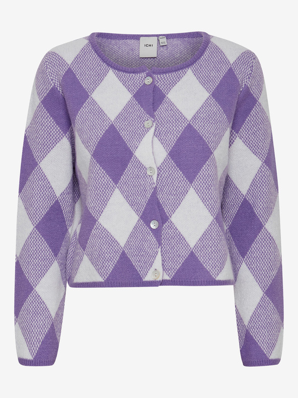 ICHI Weiß und lila karierte Strickjacke für Damen ICHI