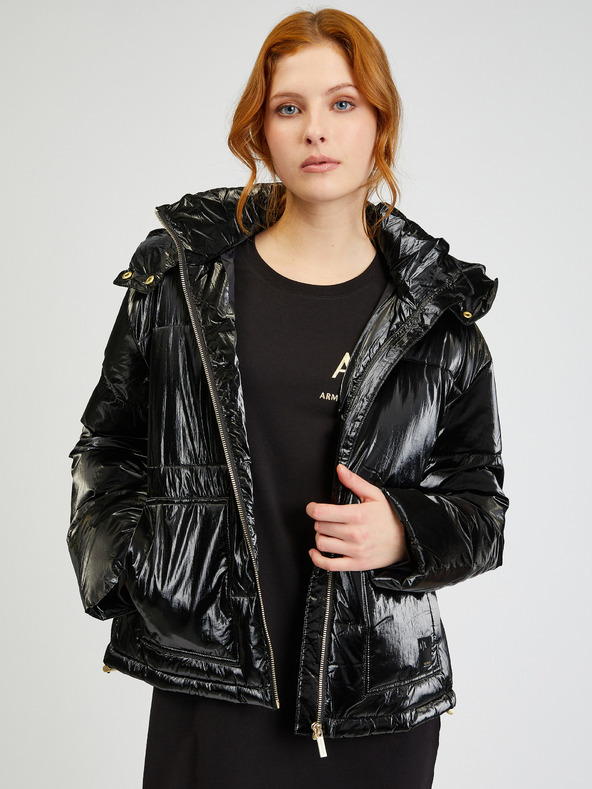 Armani Exchange Schwarze glänzende Steppjacke für Frauen mit abnehmbarer Kapuze Armani Exchange