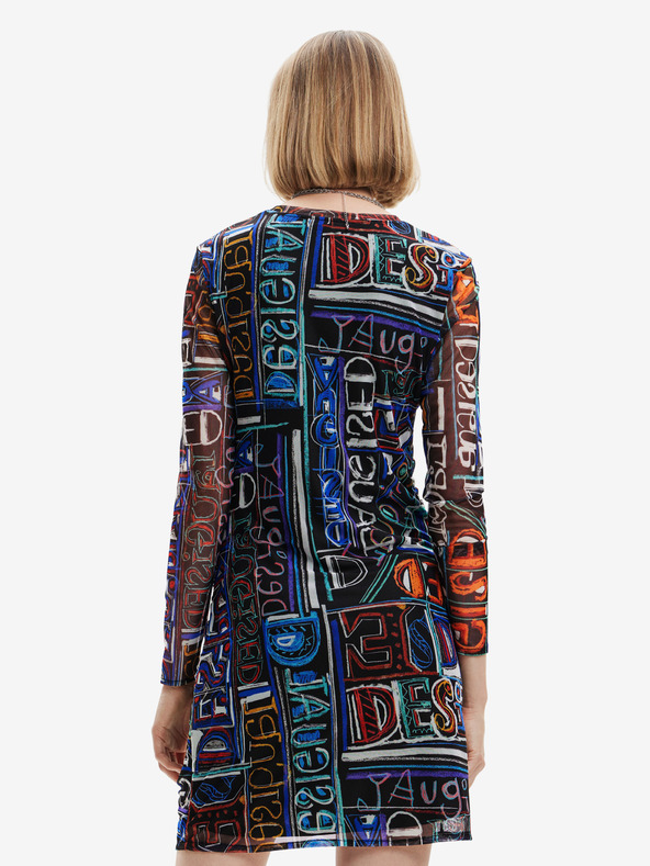 Desigual Blau-schwarz gemustertes ärmelloses Damen-Minikleid Desigual Lettering