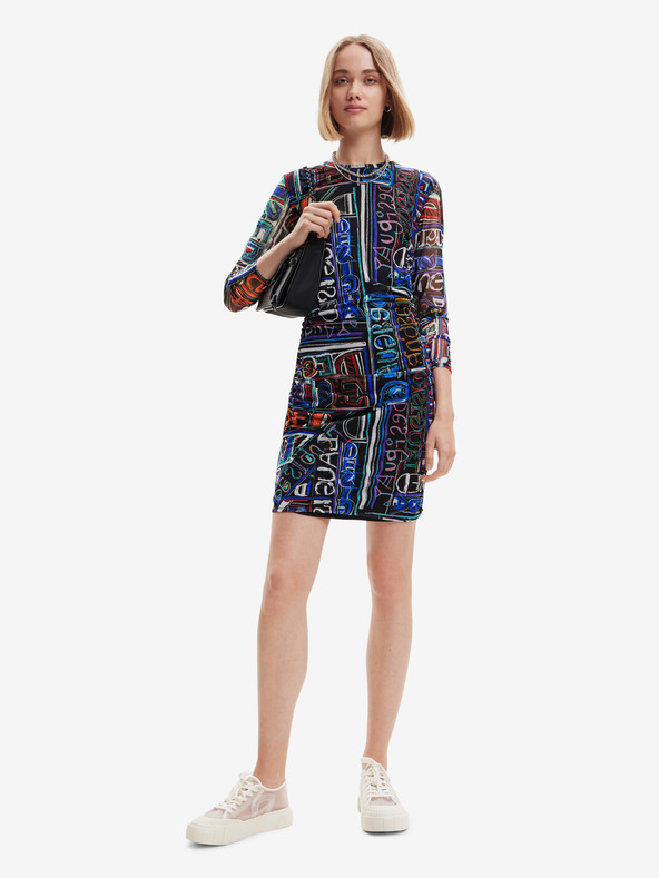 Desigual Blau-schwarz gemustertes ärmelloses Damen-Minikleid Desigual Lettering