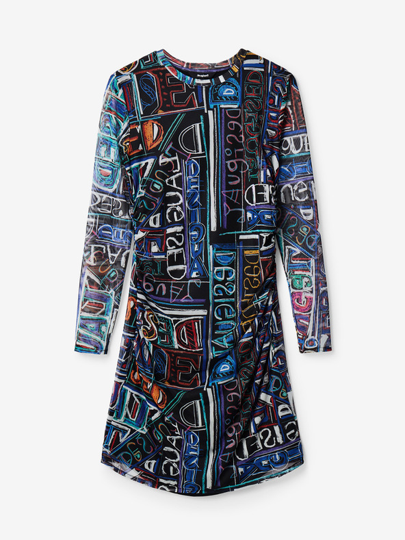 Desigual Blau-schwarz gemustertes ärmelloses Damen-Minikleid Desigual Lettering