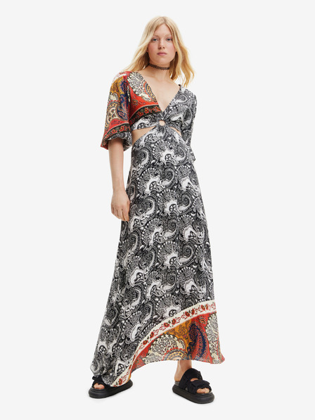 Desigual Weißes und schwarzes gemustertes Damen Maxikleid mit Cutouts Desigual Sirsal