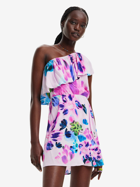 Desigual Desigual Jan-Lacroix rosa geblümtes Kleid mit einer Schulter