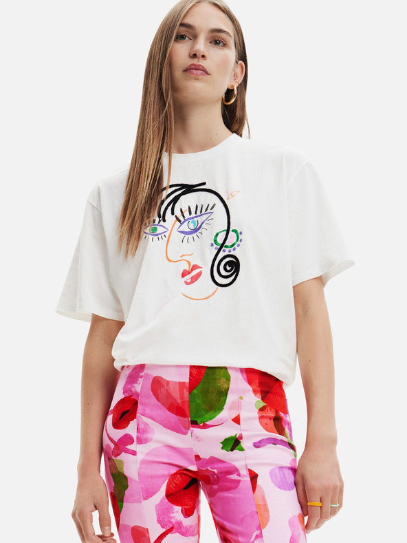 Desigual Weißes Desigual Damen T-Shirt mit Gesicht