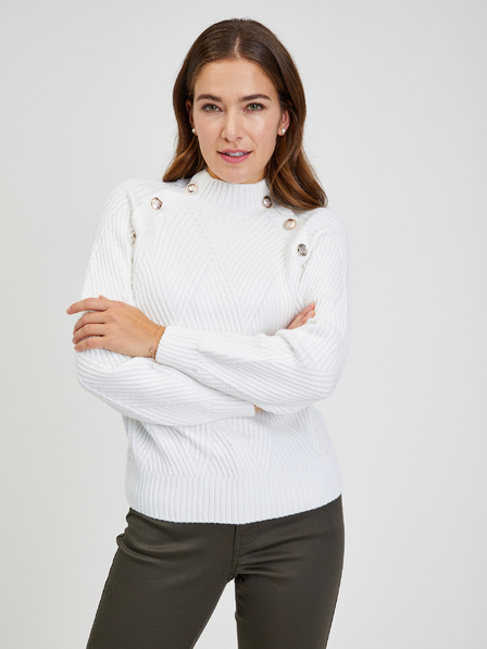 Orsay Weißer Damen Ripppullover mit Zierknöpfen ORSAY
