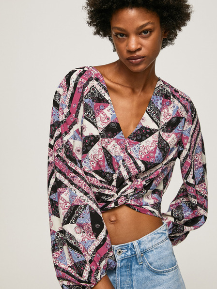 Pepe Jeans Rosa und schwarz gemusterte kurze Damenbluse Pepe Jeans Poliana