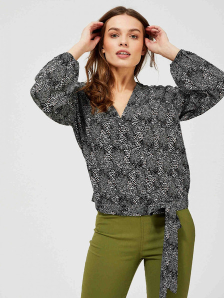 Moodo Graue und schwarze Damenbluse Moodo mit kleinem Muster und Schleife
