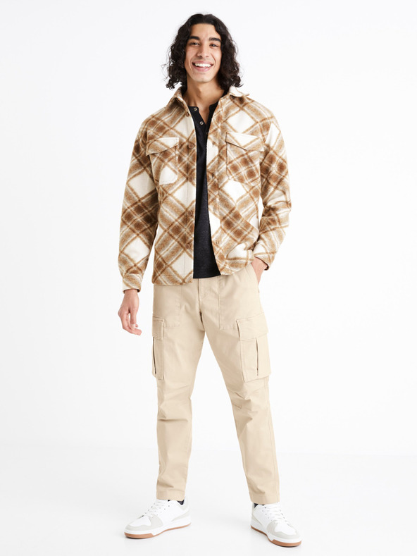 Celio Cremefarben und braun kariertes Herrenoberhemd Celio Caima