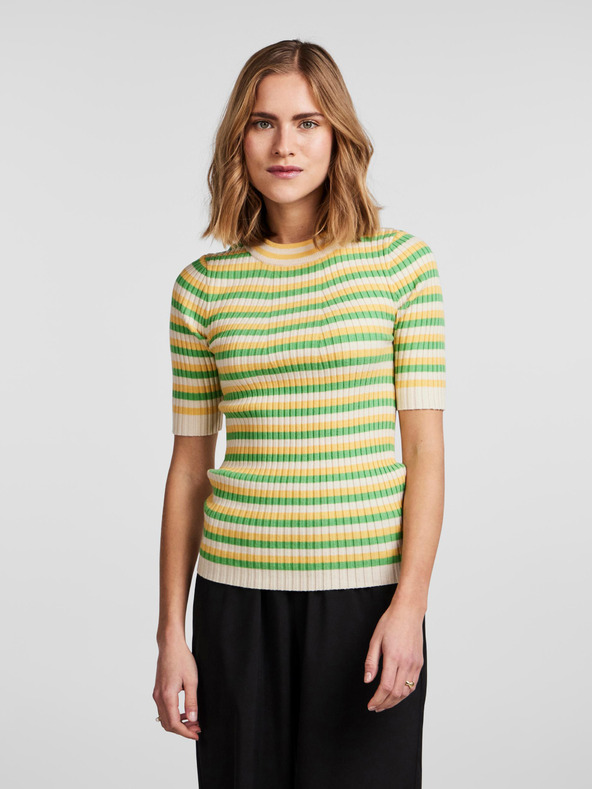 Pieces Grün-gelb gestreifter, leichter Pullover für Damen Pieces Crista