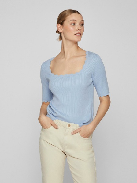 Vila Hellblaues geripptes Damen-T-Shirt VILA Lana