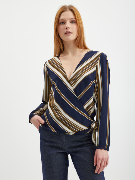 CAMAIEU Blau-beigefarbene Damen-Wickelbluse CAMAIEU