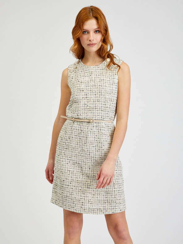 Orsay Cremefarbenes gemustertes Damenkleid mit Gürtel ORSAY