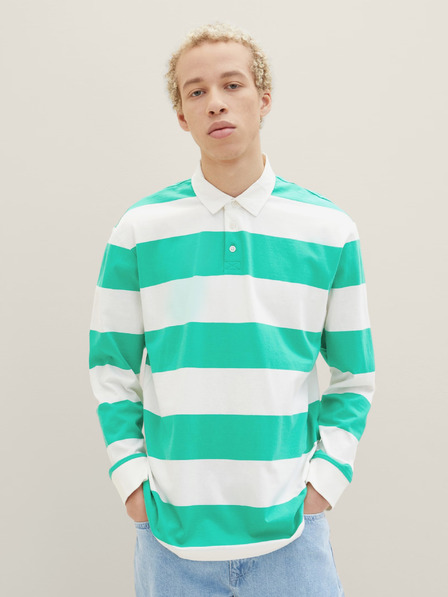 Tom Tailor Denim Tom Tailor Langarm-Poloshirt für Herren Weiß und Grün gestreift Denim