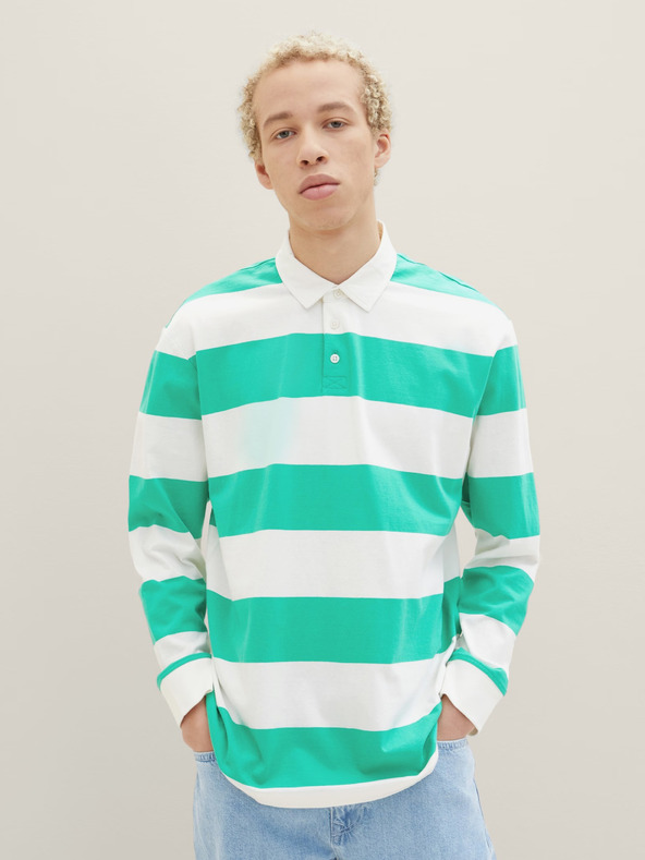 Tom Tailor Denim Tom Tailor Langarm-Poloshirt für Herren Weiß und Grün gestreift Denim