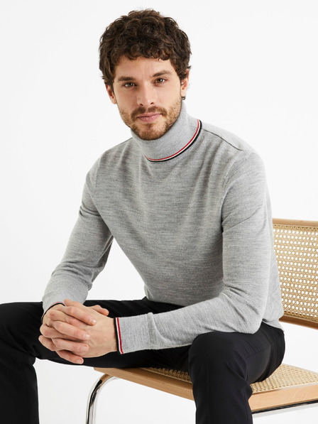 Celio Grauer Herren-Rollkragenpullover mit Wollmischung Celio Deblack