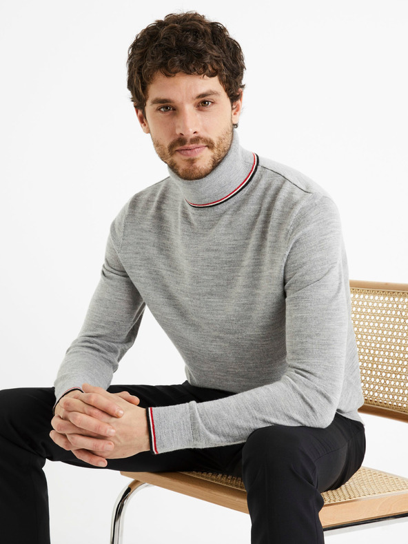 Celio Grauer Herren-Rollkragenpullover mit Wollmischung Celio Deblack
