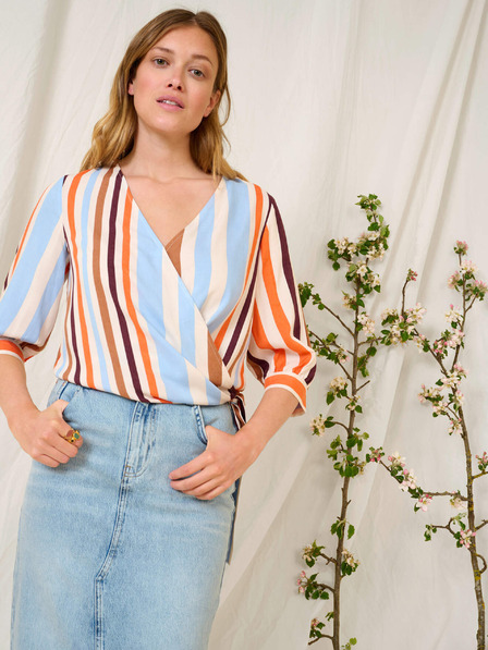 Orsay Blau-orange gestreifte Wickelbluse mit Dreiviertel-Ärmeln ORSAY