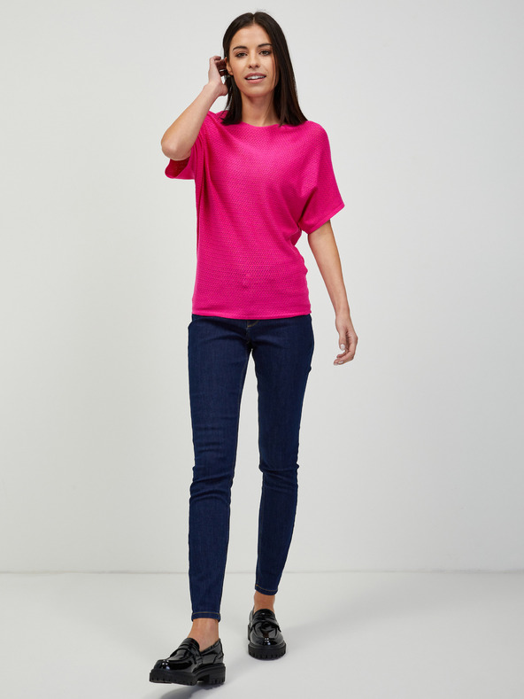 Orsay Dunkelrosa leichter gemusterter Pullover mit kurzen Ärmeln ORSAY