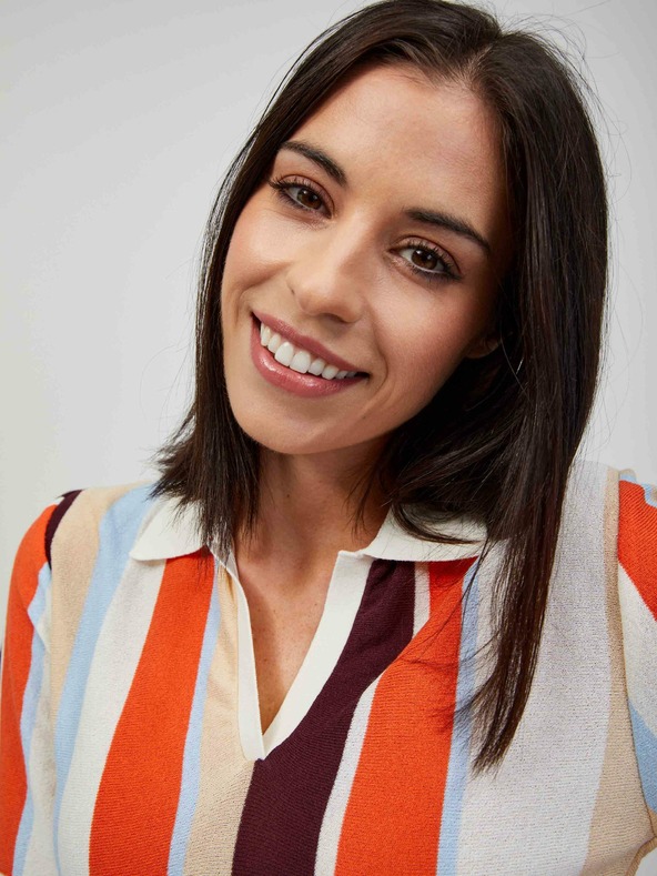 Orsay Orange-cremefarbener leichter gestreifter Pullover mit kurzen Ärmeln