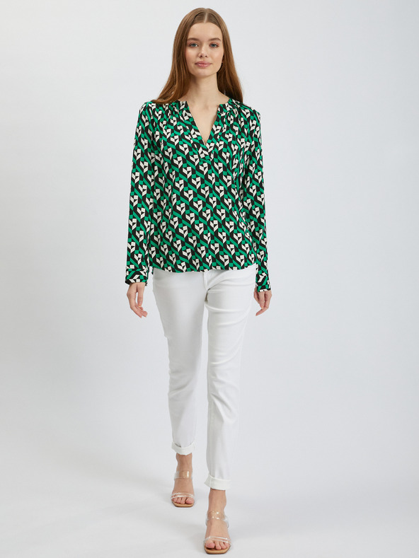 Orsay Weiß und grün gemusterte Damenbluse ORSAY
