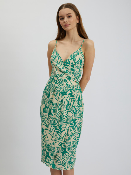 Orsay Cremefarbene gemusterte Damen-Leinenmidikleid ORSAY