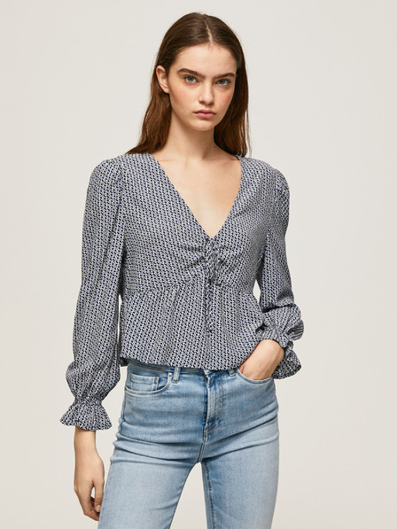 Pepe Jeans Weiß und dunkelblau gemusterte Damenbluse Pepe Jeans