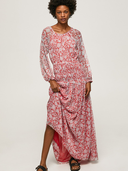Pepe Jeans Weiß und Rot Gemustertes Damen Maxikleid Pepe Jeans