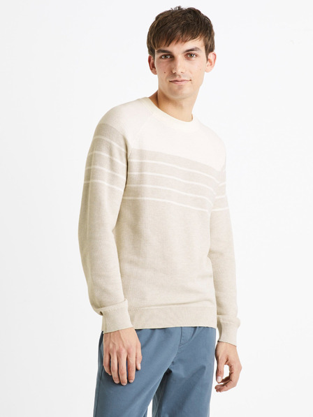 Celio Weiß- und cremefarbener gestreifter Herrenpullover aus Baumwolle Celio Depicray