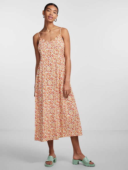 Pieces Weißes und orangefarbenes geblümtes Damen-Maxikleid Pieces Nya