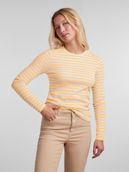 Pieces Gelbes gestreiftes Damen Basic Langarm T-Shirt Pieces Hand