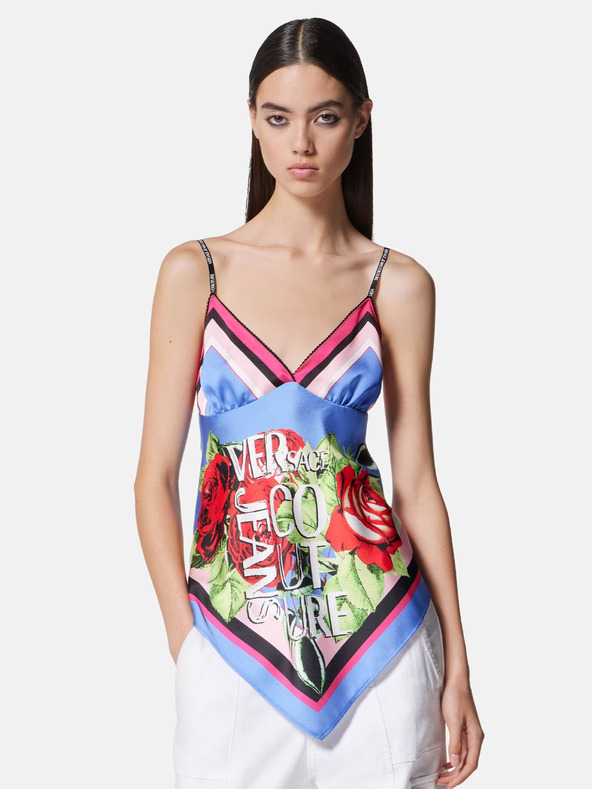 Versace Jeans Couture Grün und blau gemustertes Damen-Satin-Top Versace Jeans Couture