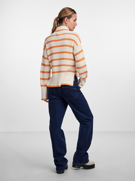 Pieces Orange- und cremefarbener gestreifter Damen-Rollkragenpullover Pieces June