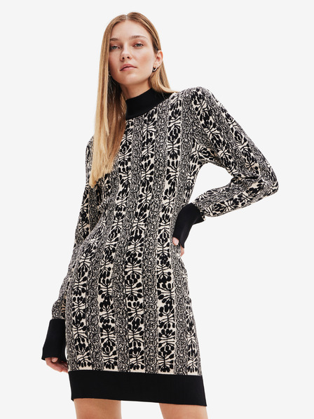 Desigual Beige und schwarz gemustertes Damen-Pulloverkleid Desigual Francesca - Lacroix