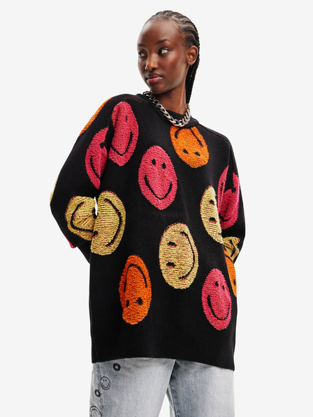 Desigual Schwarzer Desigual Smiley gemusterter Pullover für Damen in Übergröße