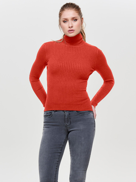 ONLY Orangefarbener gerippter Damen-Rollkragenpullover ONLY Karol