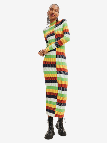 Desigual Desigual Sico gelb und grün gestreiftes Damen-Pulloverkleid