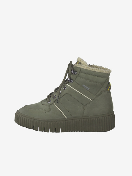 Tamaris Khakifarbene Leder-Kunstfell-Winterstiefeletten Tamaris