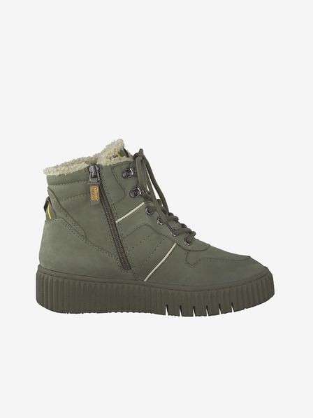 Tamaris Khakifarbene Leder-Kunstfell-Winterstiefeletten Tamaris