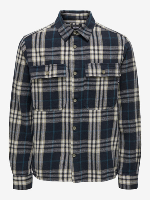 ONLY & SONS Beige-blaues Herren ONLY & SONS Scott Flanellhemd mit Karomuster