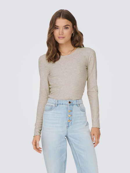 ONLY Beigefarbenes Damen-T-Shirt mit gerippten langen Ärmeln ONLY Emma