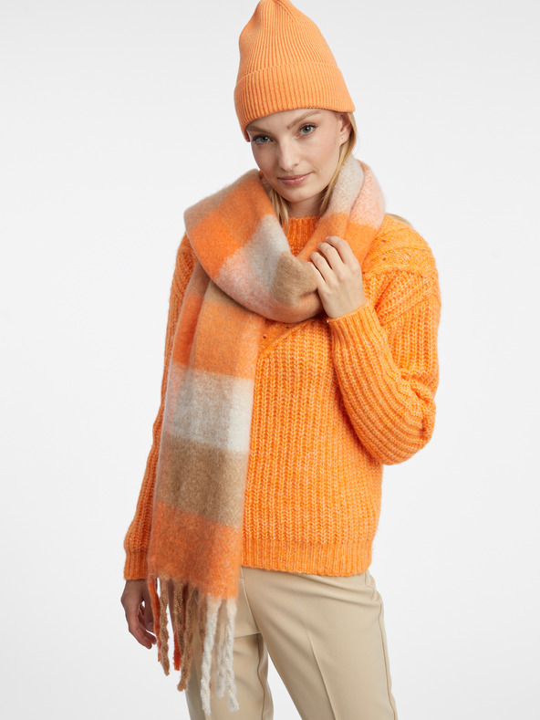 Orsay Orange-beigefarbener karierter Damenschal ORSAY