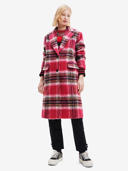 Desigual Rosa karierter Damenmantel aus Wollgemisch Desigual Tommy