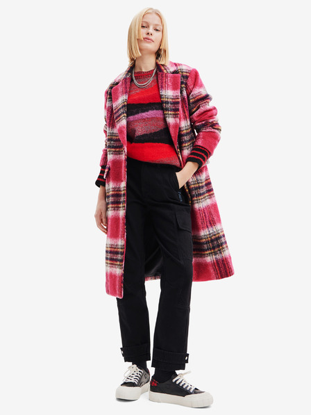 Desigual Rosa karierter Damenmantel aus Wollgemisch Desigual Tommy