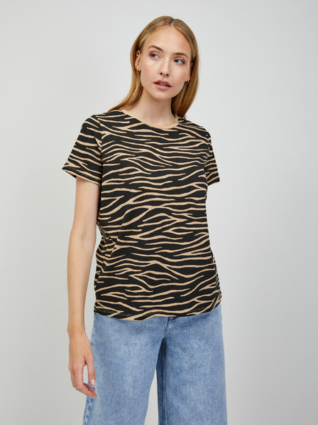 Orsay Beige-schwarzes T-Shirt mit Tiermuster ORSAY